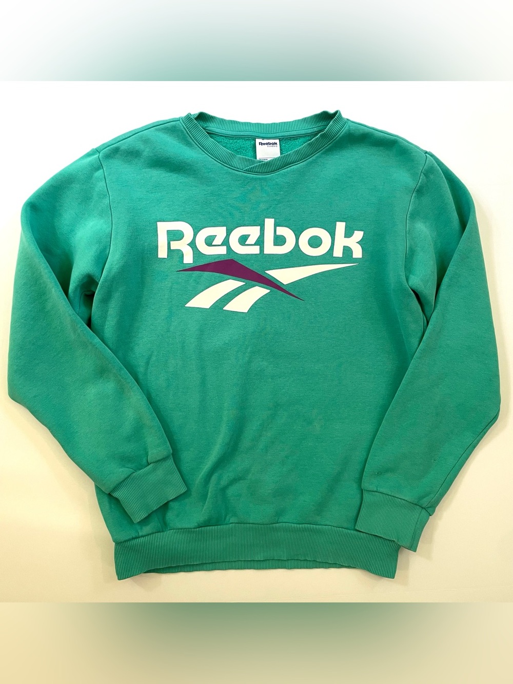Vintage 90s Reebok Spell Out Crewneck Sweatshirt Green Big Logo Size Small